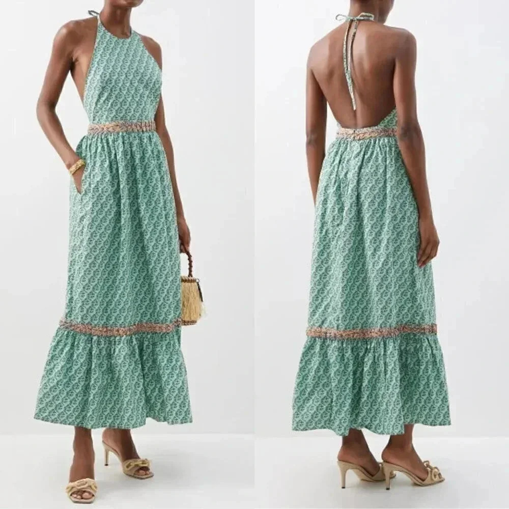RHODE Salena Halter Dress Jawahar Garden-Print Mint Green Cotton-Poplin NWT, XL